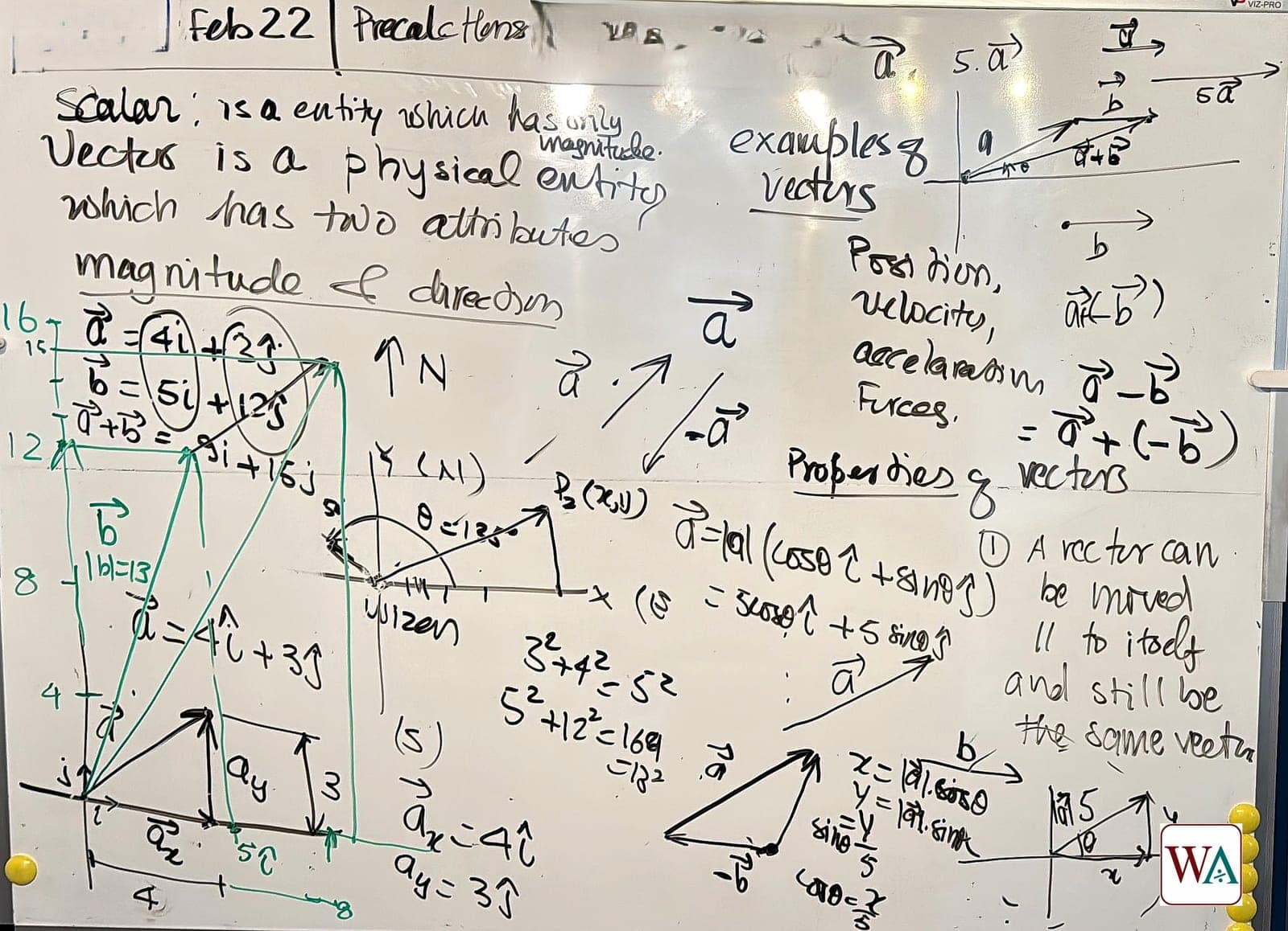 A whiteboard from a Wizen Academy lesson introducing vectors