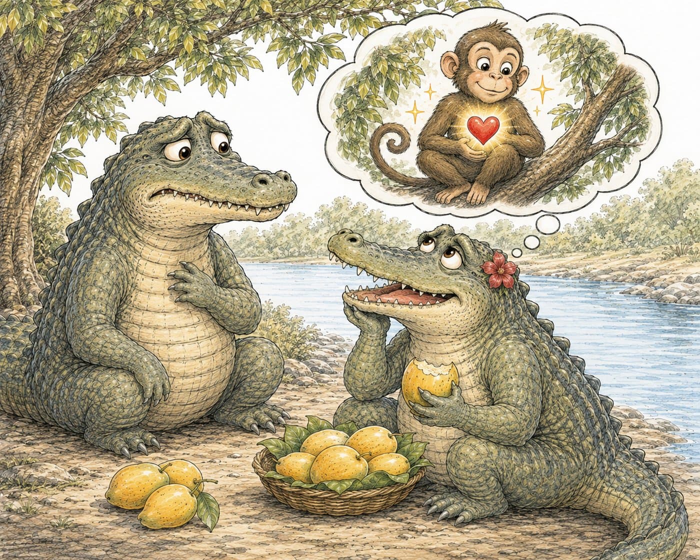 The crocodile's wife, tasting the mangoes, dreams up her scheme to eat the monkey's heart