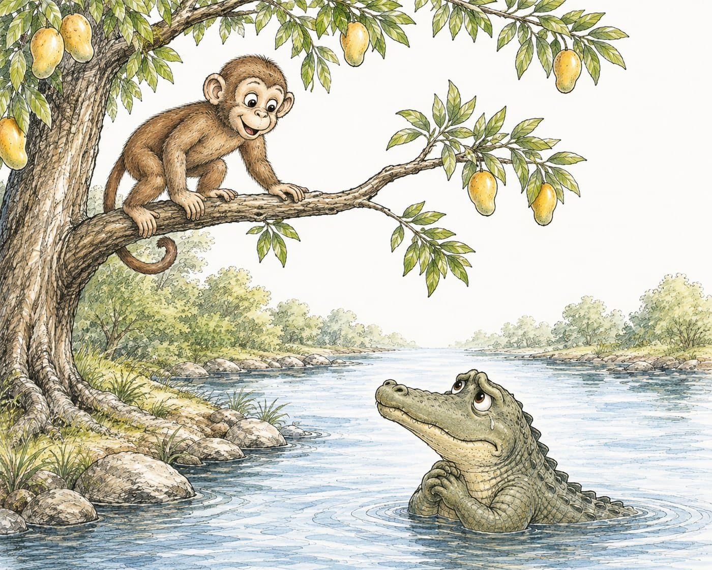 The monkey safely back in the mango tree, looking down at the ashamed, tearful crocodile in the river