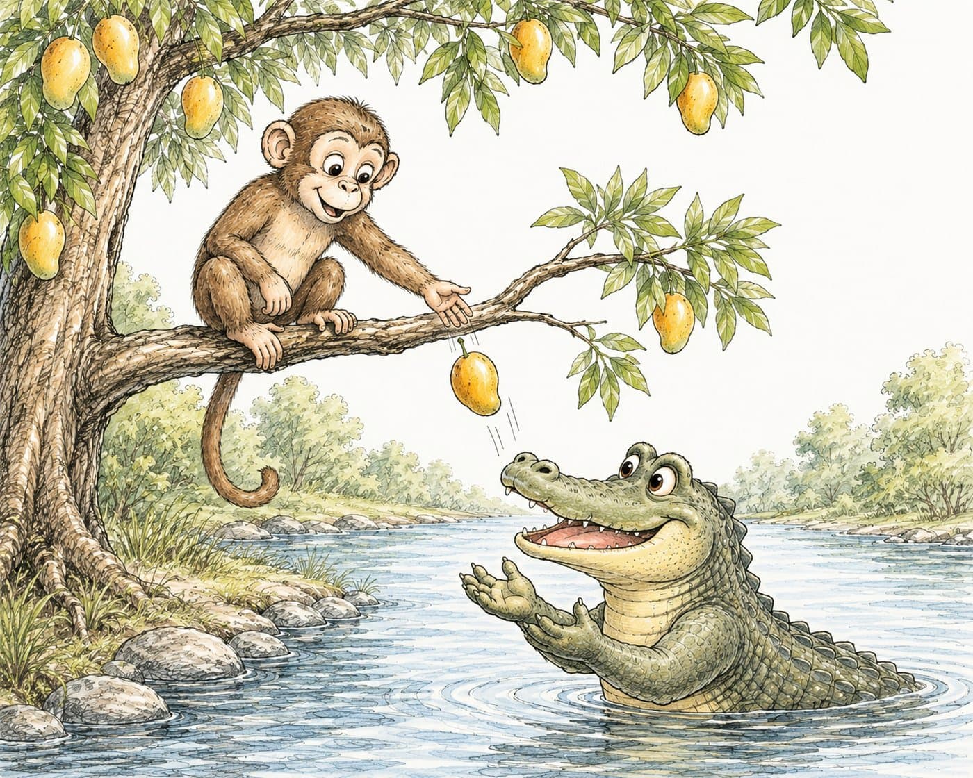 The monkey drops a ripe mango from the tree to the crocodile waiting below with an open mouth