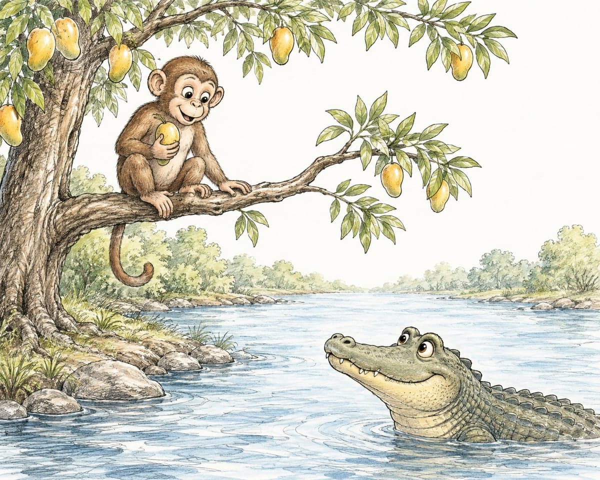 Illustration of the Panchatantra story of the monkey and the crocodile, a friendly monkey in a mango tree talking to a crocodile in the river below